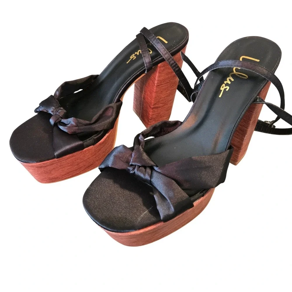 Lulus Black Satin Bow Platform Heels Chunky Block Square Toe Sandals Size 7.5